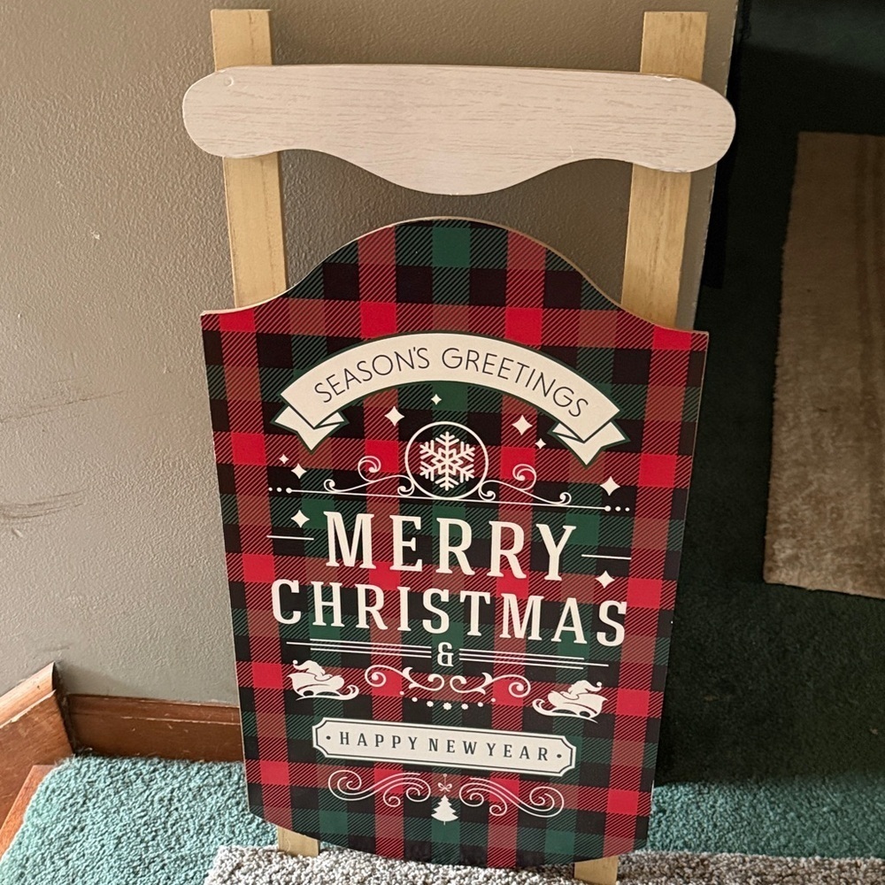 24" Red and Black Buffalo Plaid Merry Christmas Sled Wooden Hanging Wall Sign